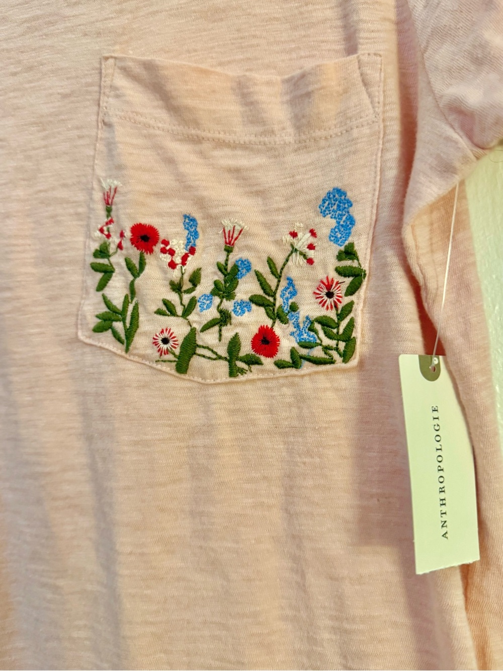 Anthropologie Pale Pink Tee with Floral Embroidered Pocket NWT - Picture 2 of 6